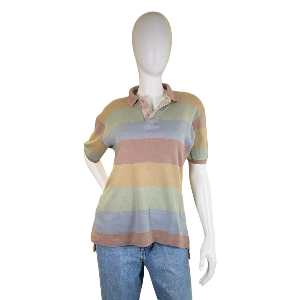 1990s Vintage Pastel Striped Generra Cotton Polo Shirt